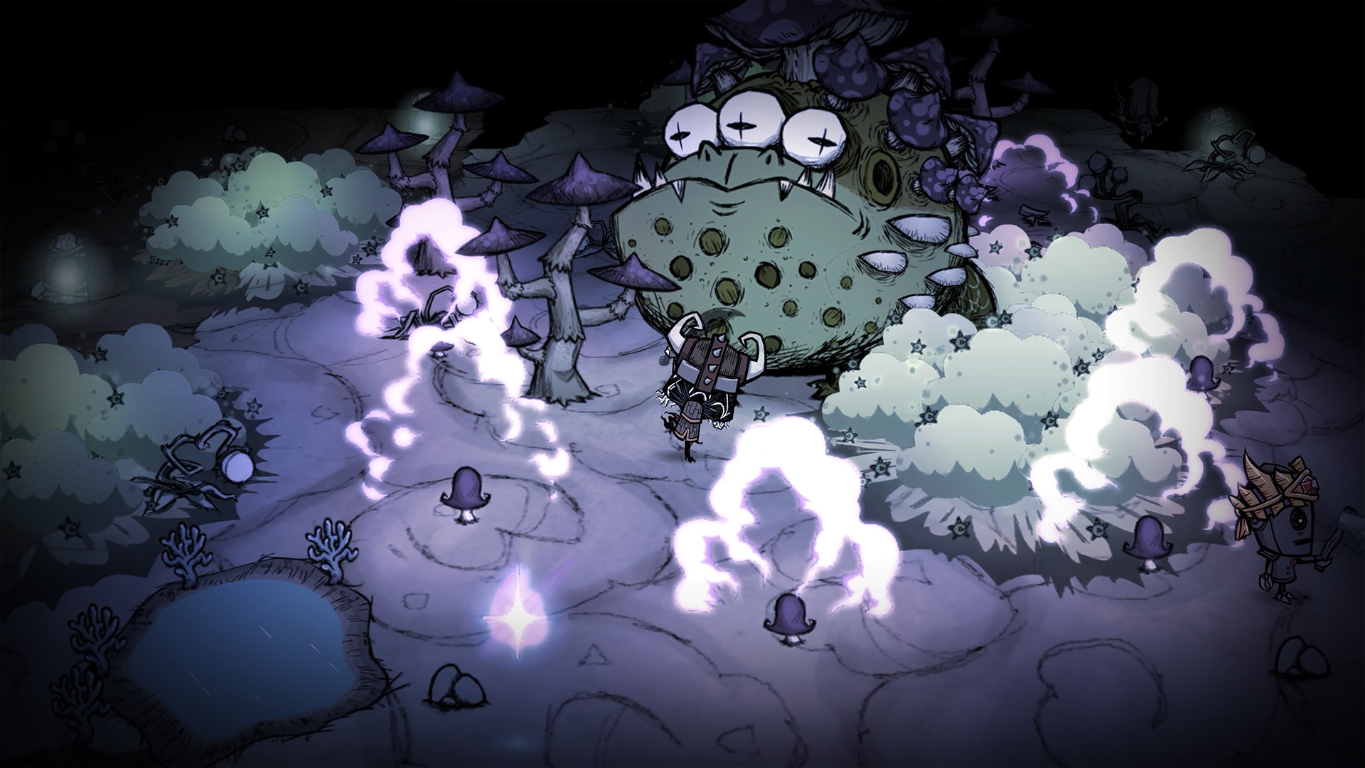 A survivor faces a giant creature in a moonlit mushroom field.
