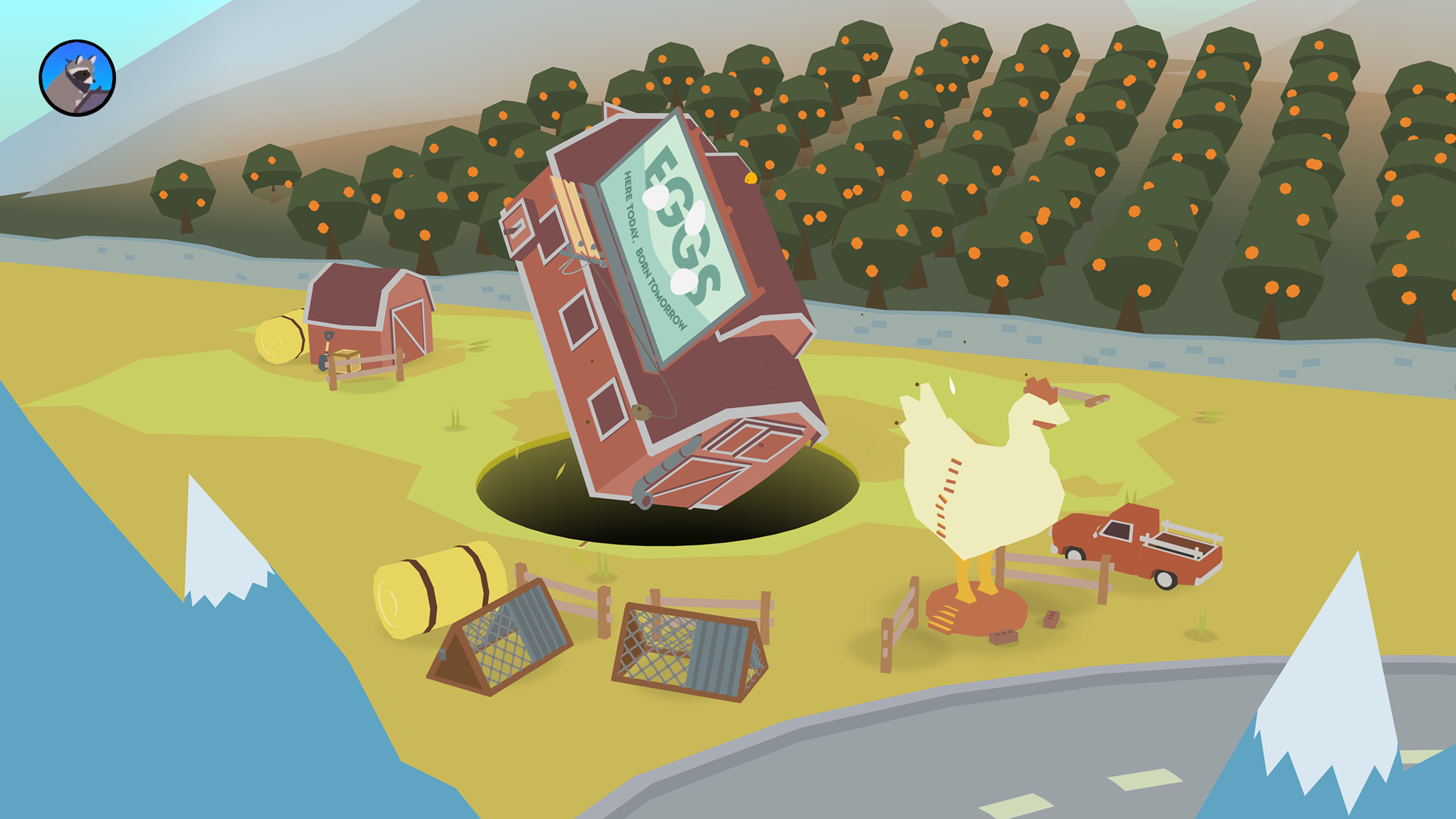 A building falls into a growing hole beside a chicken in Donut County.