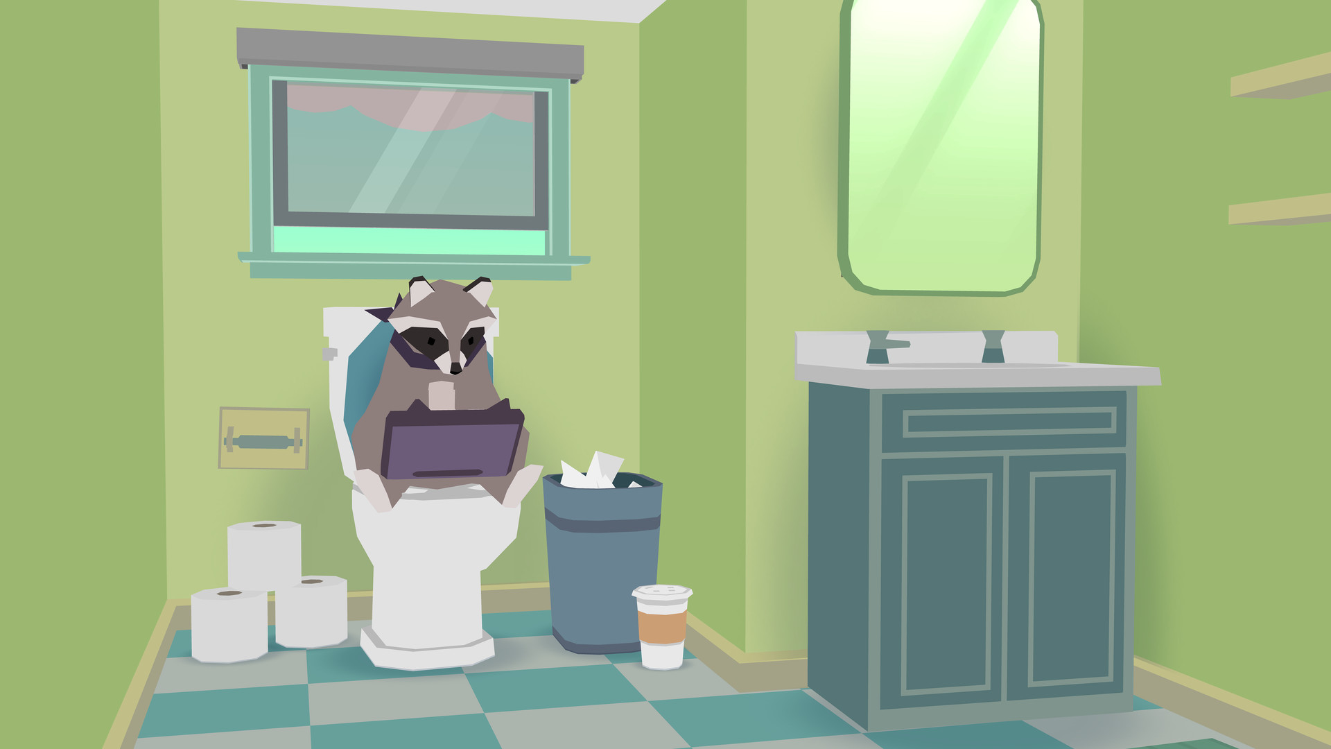 A raccoon sits on a toilet in a green bathroom beside a sink.