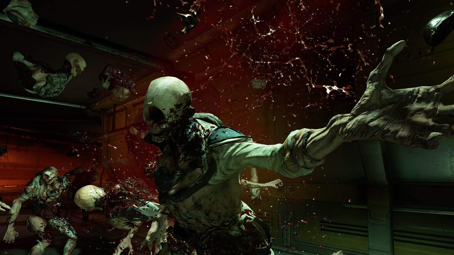 Demons rush through a blood-splattered facility.