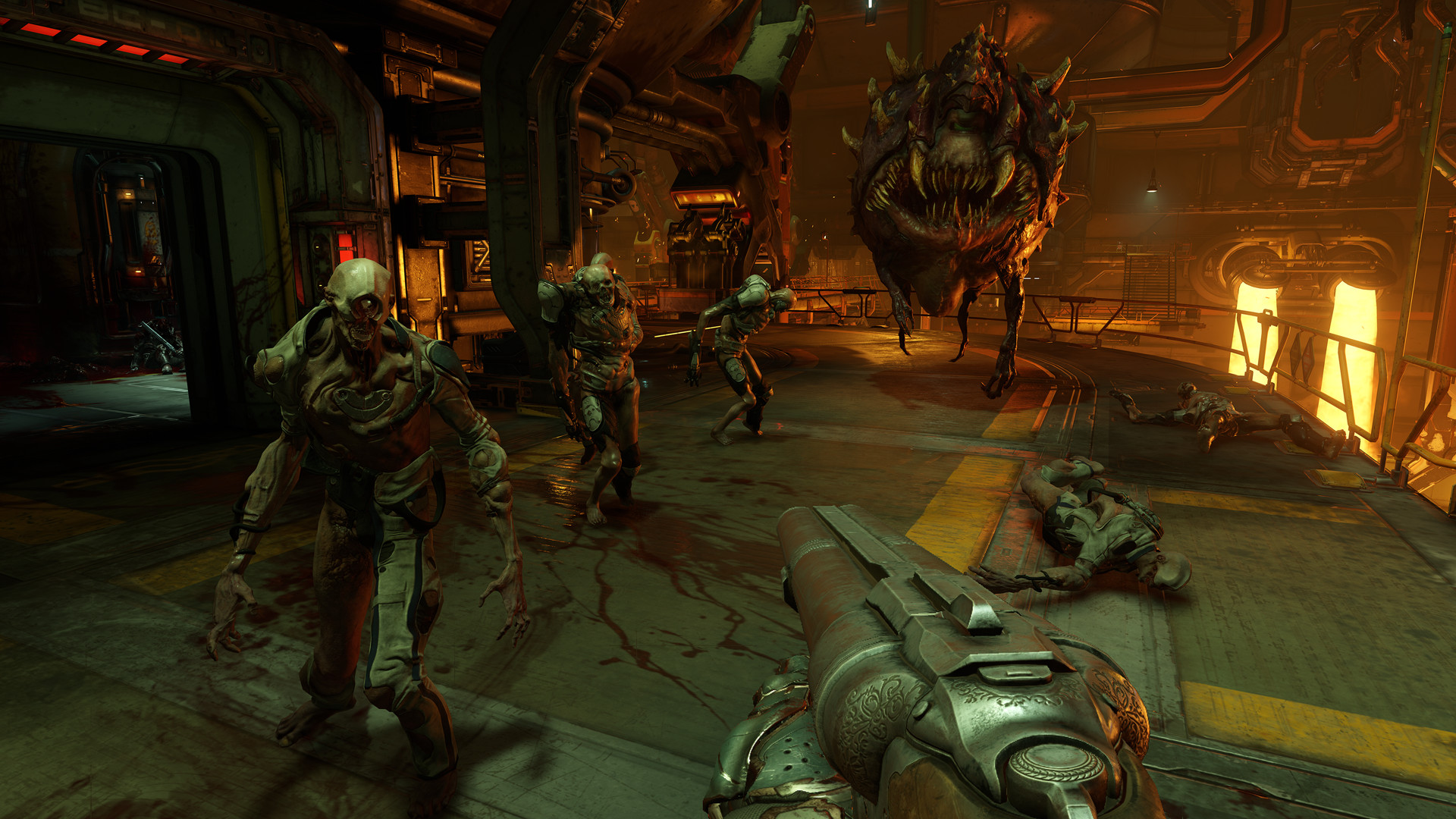 A first-person fight against demons in an industrial chamber.