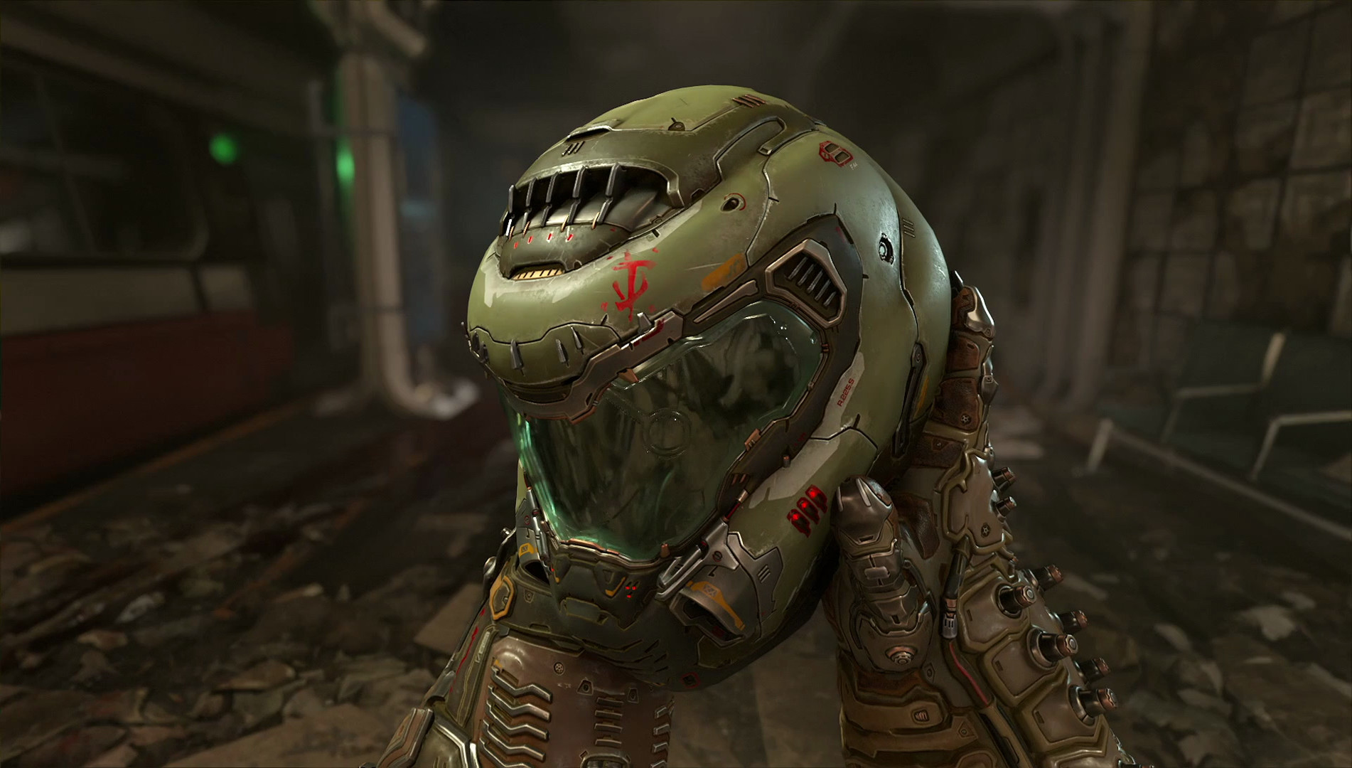 The Doom Slayer stands in his armour.