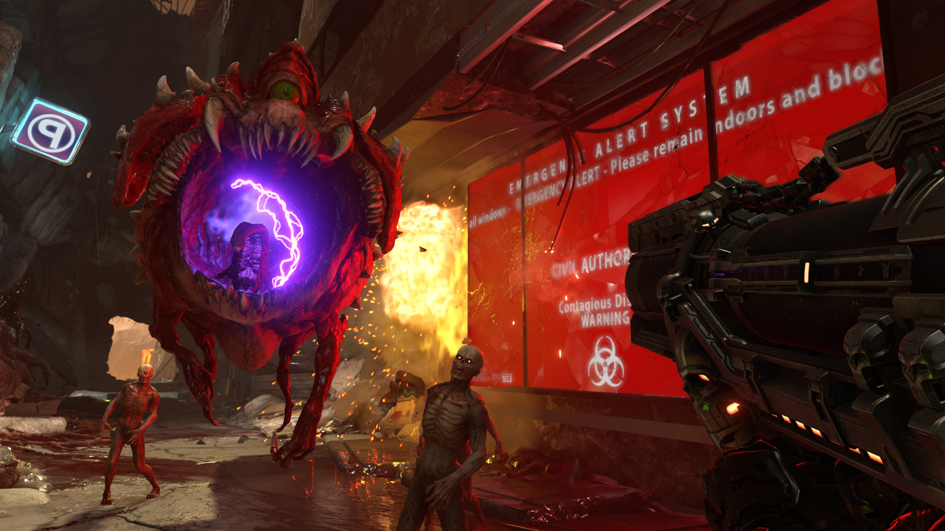 Demons advance through a ruined street during a firefight.