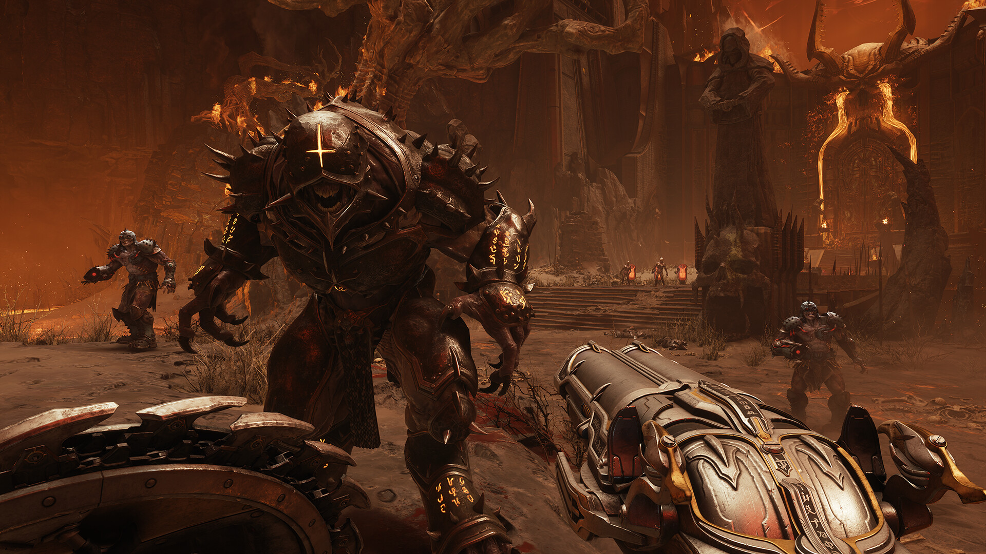 Armored demons charge the Slayer in a fiery courtyard.
