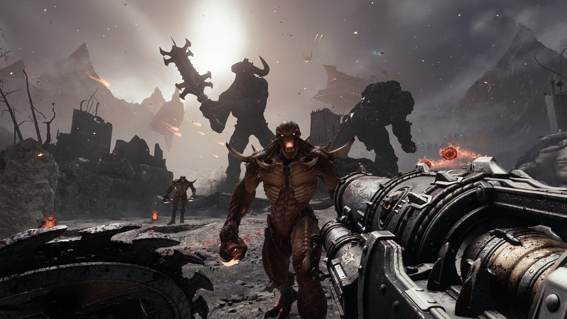 Demons advance across a ruined battlefield toward the Slayer.