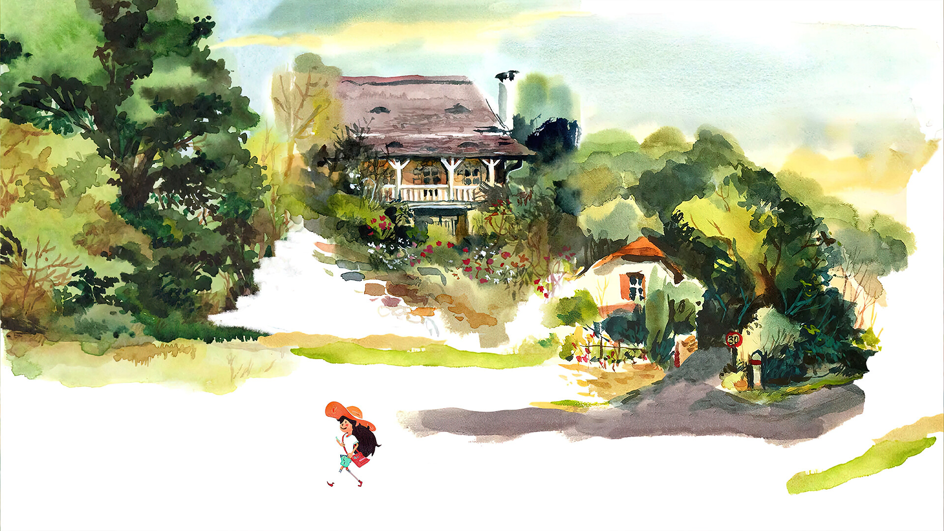 A small figure approaches a watercolor country house along a tree-lined path.