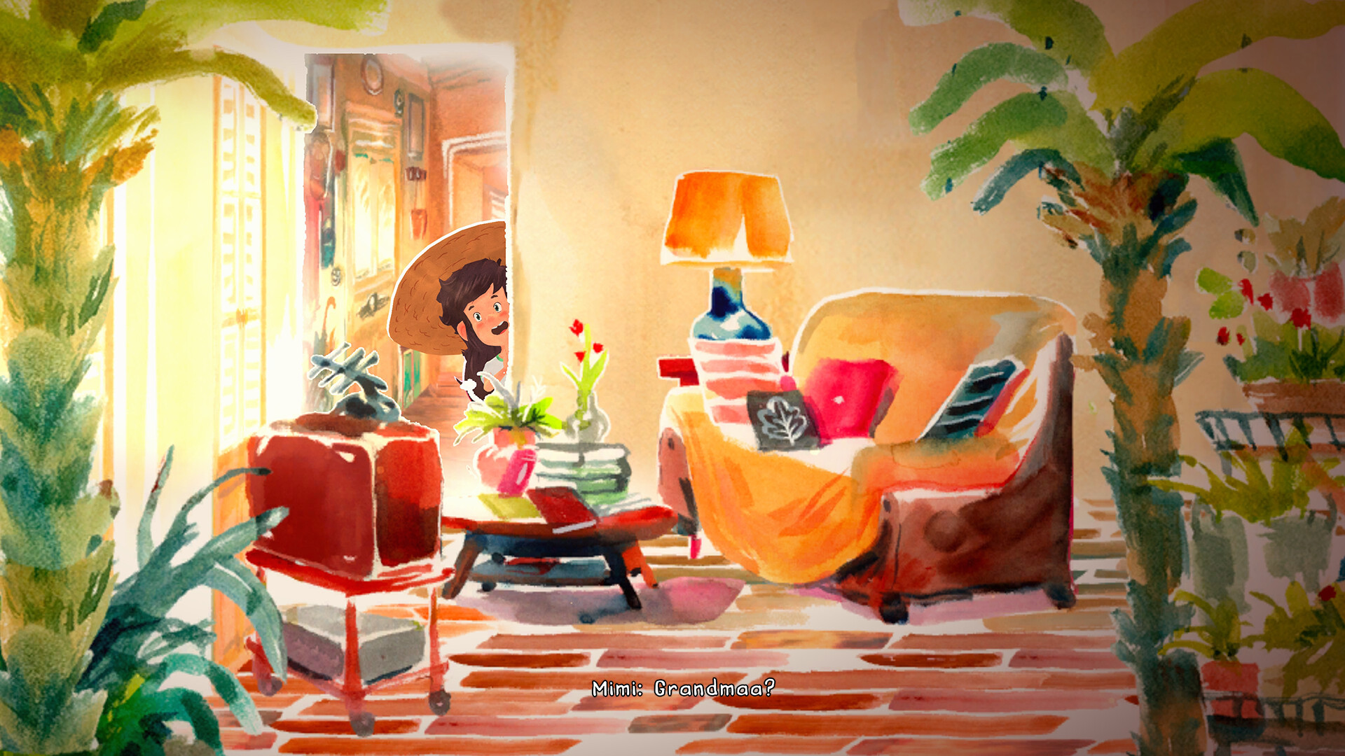 Mimi stands inside her grandmother’s warmly lit living room.