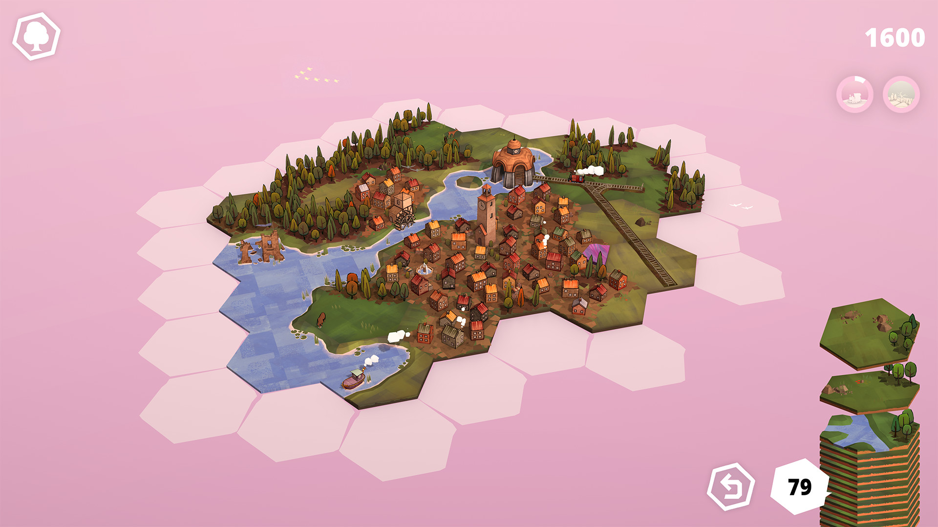 Hexagonal tiles form a riverside village amid forests.