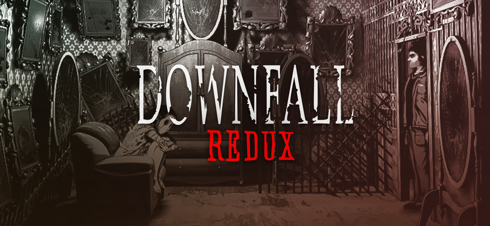 Downfall Redux title over a monochrome hotel room with a figure near a door.