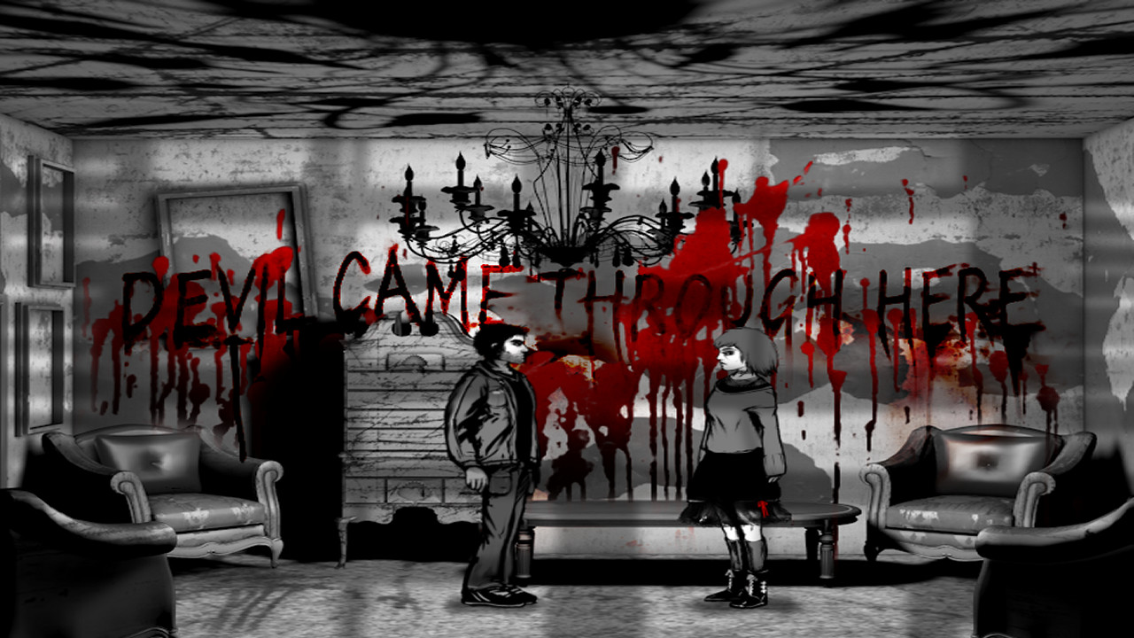 Two figures stand beneath a blood-red message on the wall of a hotel room.