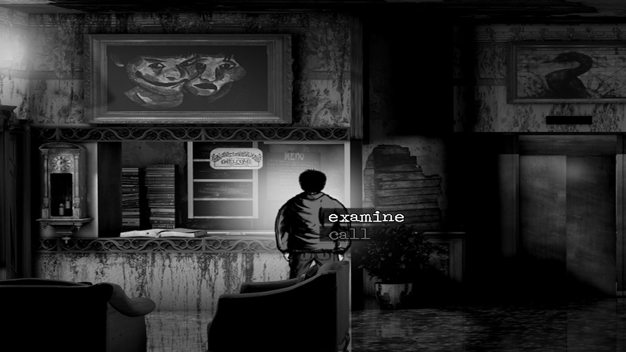 A figure explores a monochrome hotel lobby as interaction choices appear.