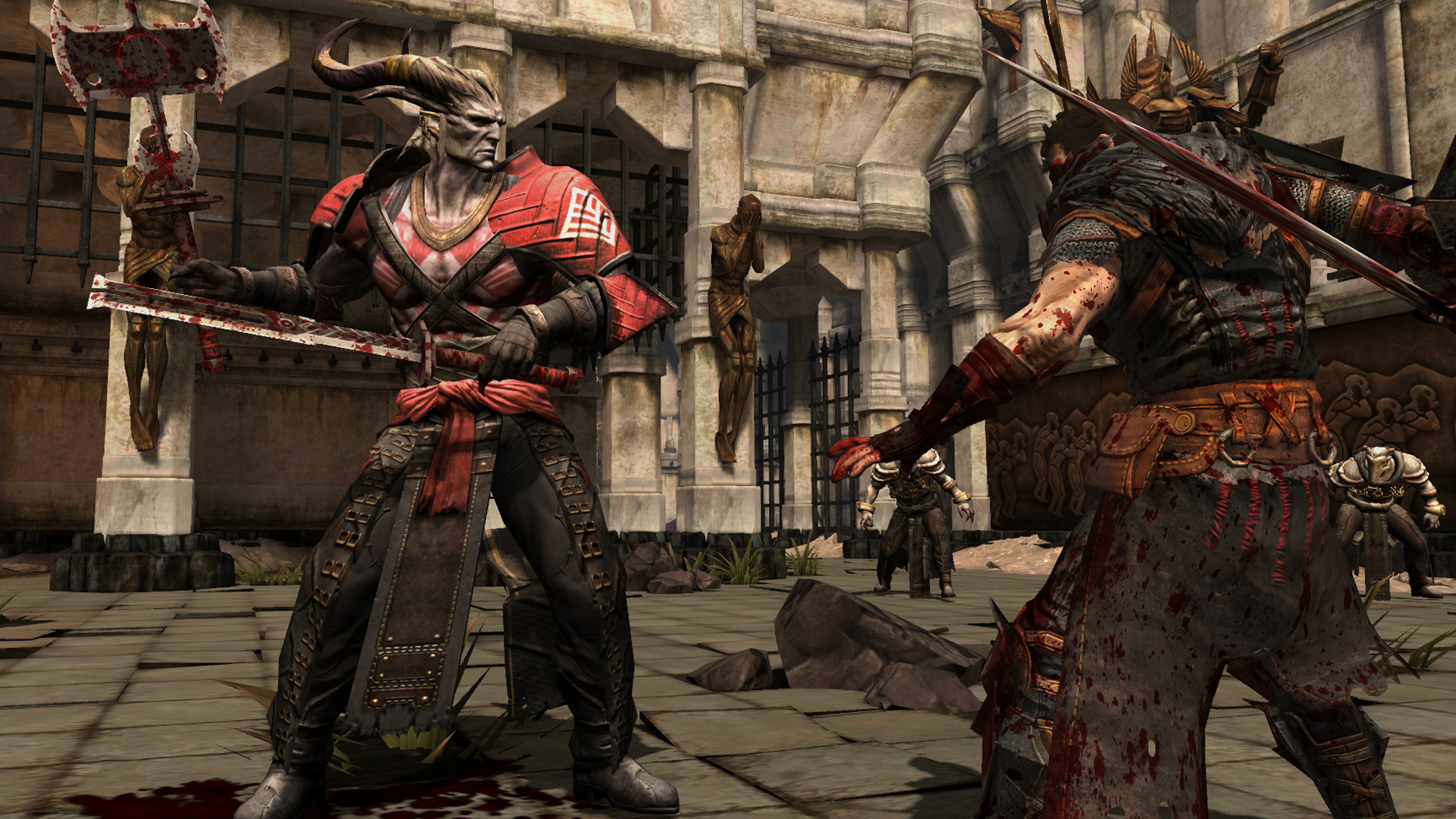 Armoured warriors confront a Qunari fighter in Kirkwall.