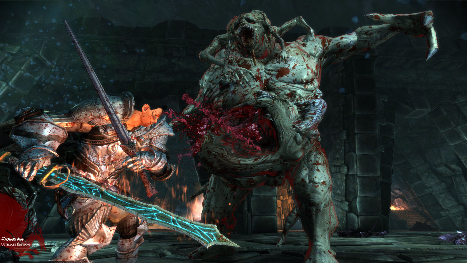 Armored fighters face a large creature in a stone chamber.