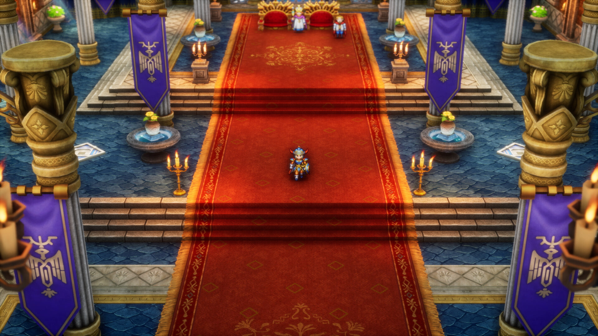 An armoured hero stands on a red carpet inside a royal hall.