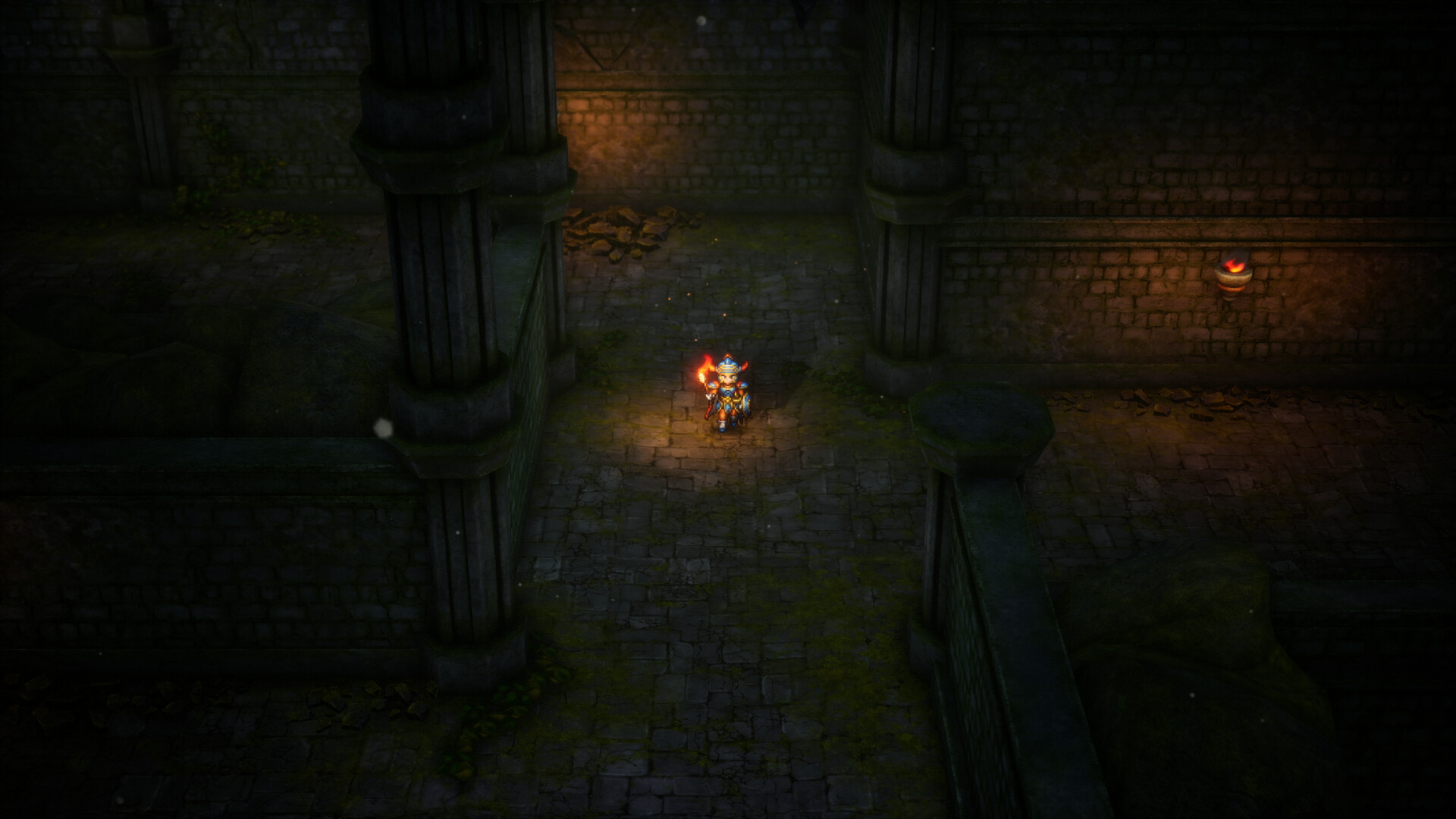 A lone armoured hero carries a torch through a dark stone dungeon.