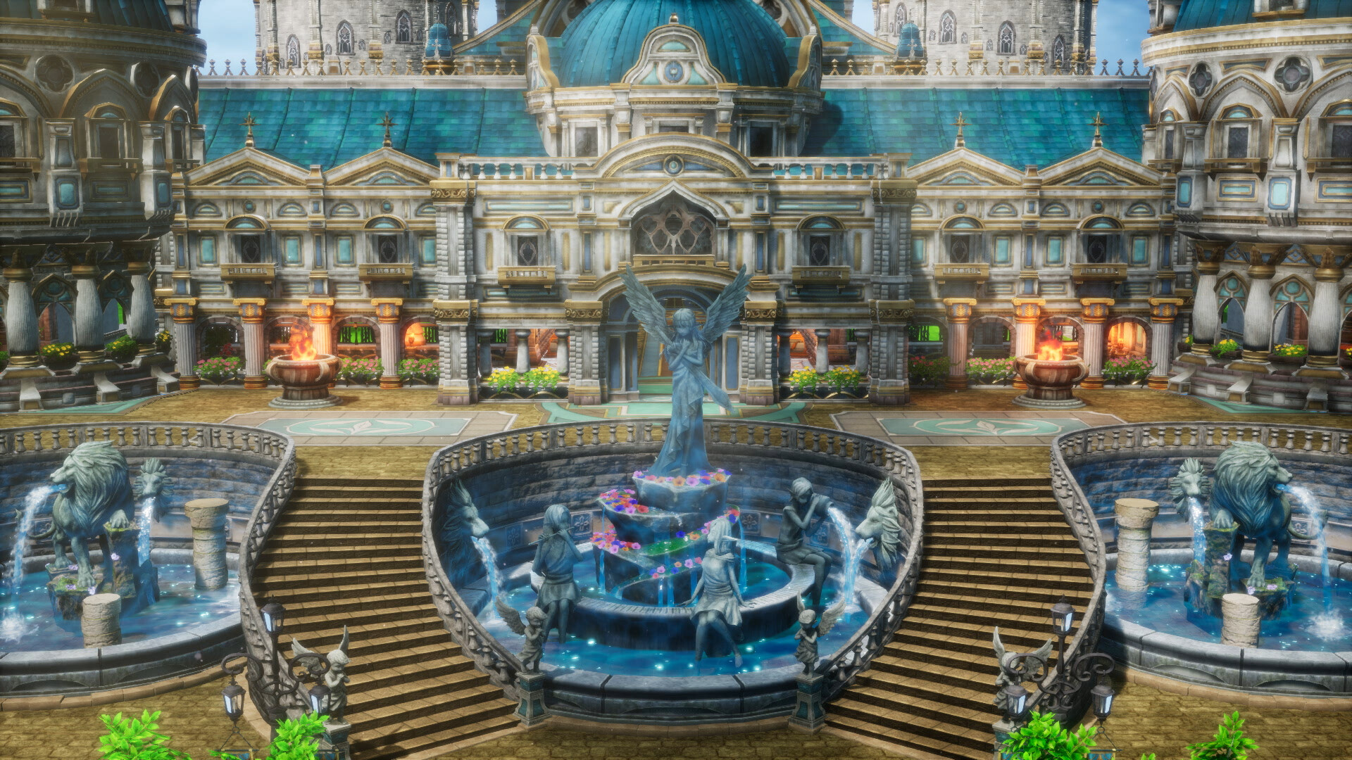 An ornate stone building overlooks a fountain and broad stairs.