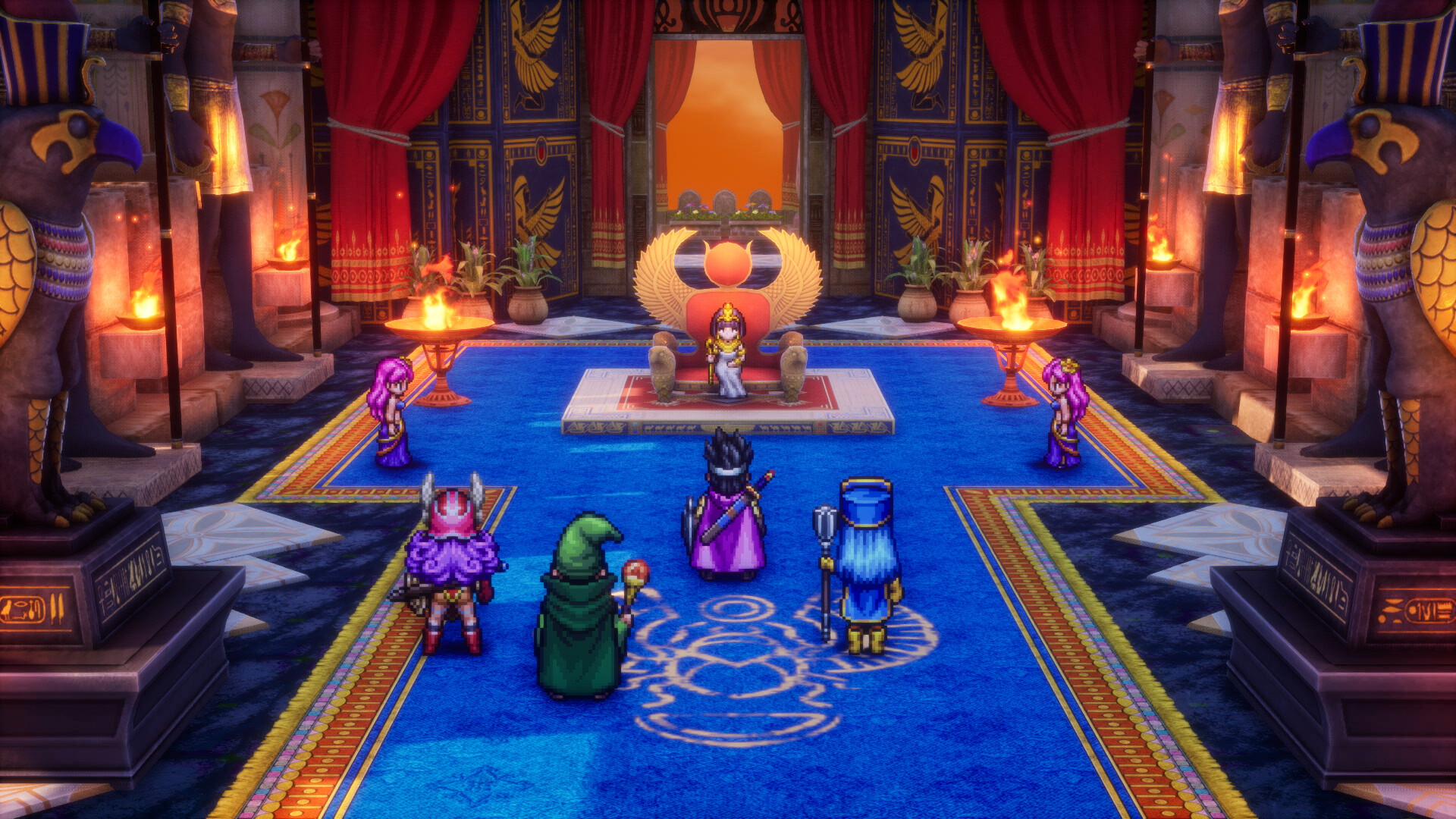 A four-person party faces a seated figure inside a torchlit chamber.