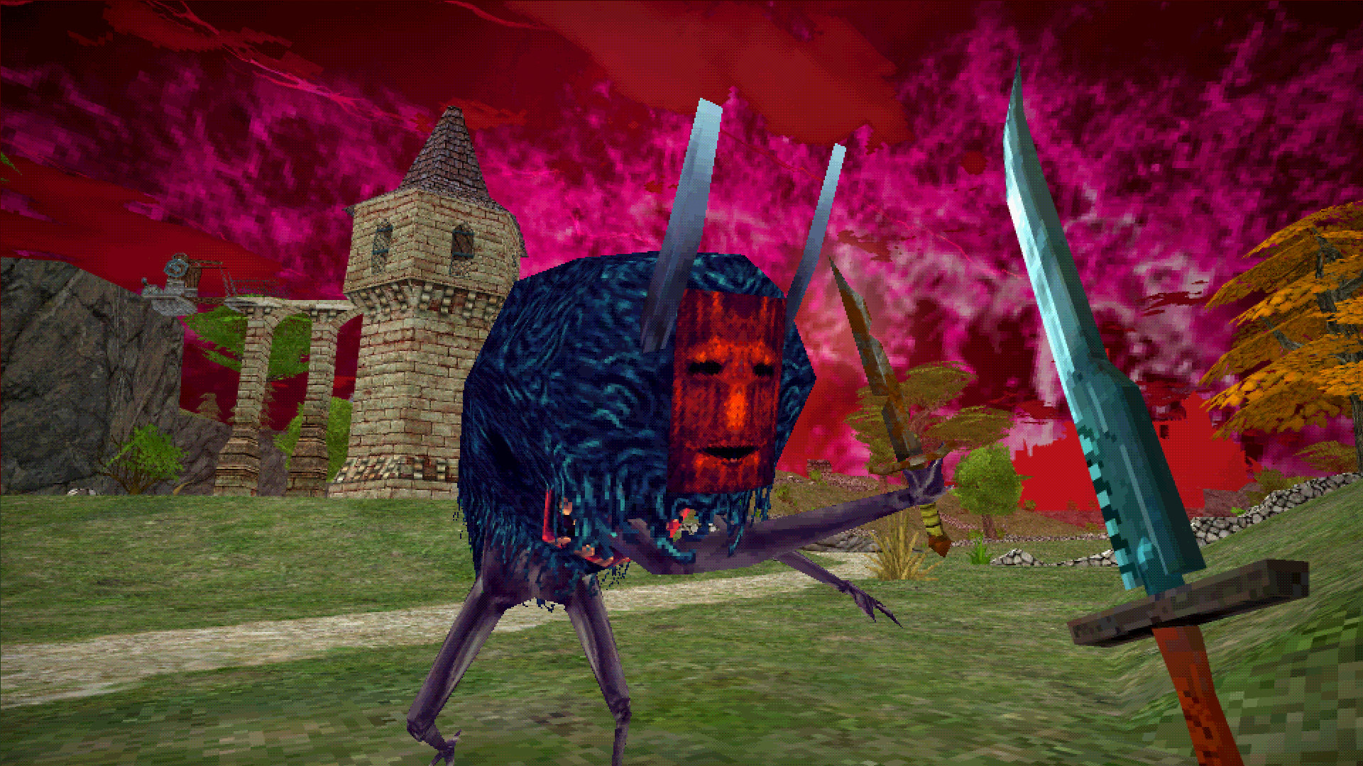 The player faces a red-headed creature outside a stone tower.