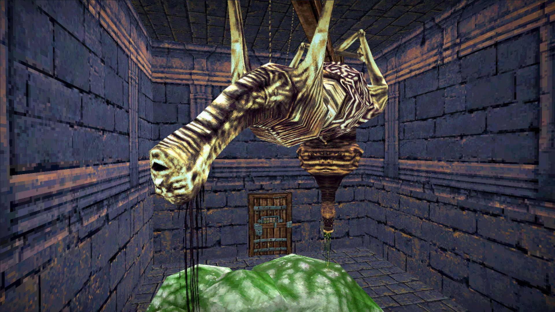 A skeletal creature hangs above a stone chamber.