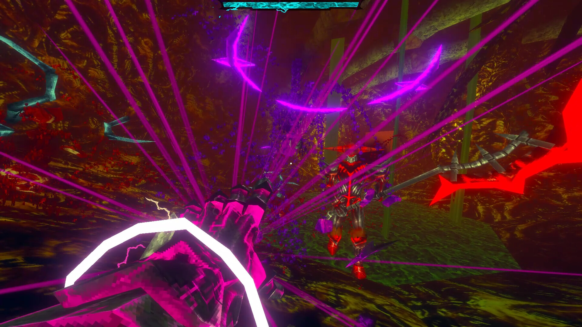 Violet projectiles fill a dark combat arena.