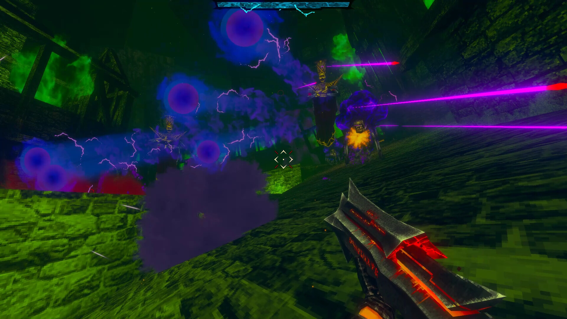 The player aims a firearm across a green-lit stone arena.