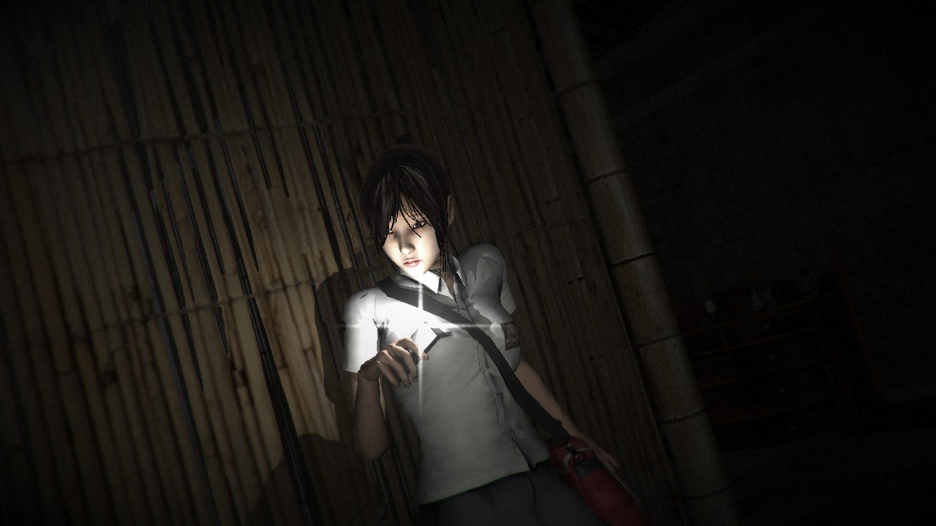 Linda raises her camera near a dark bamboo wall.