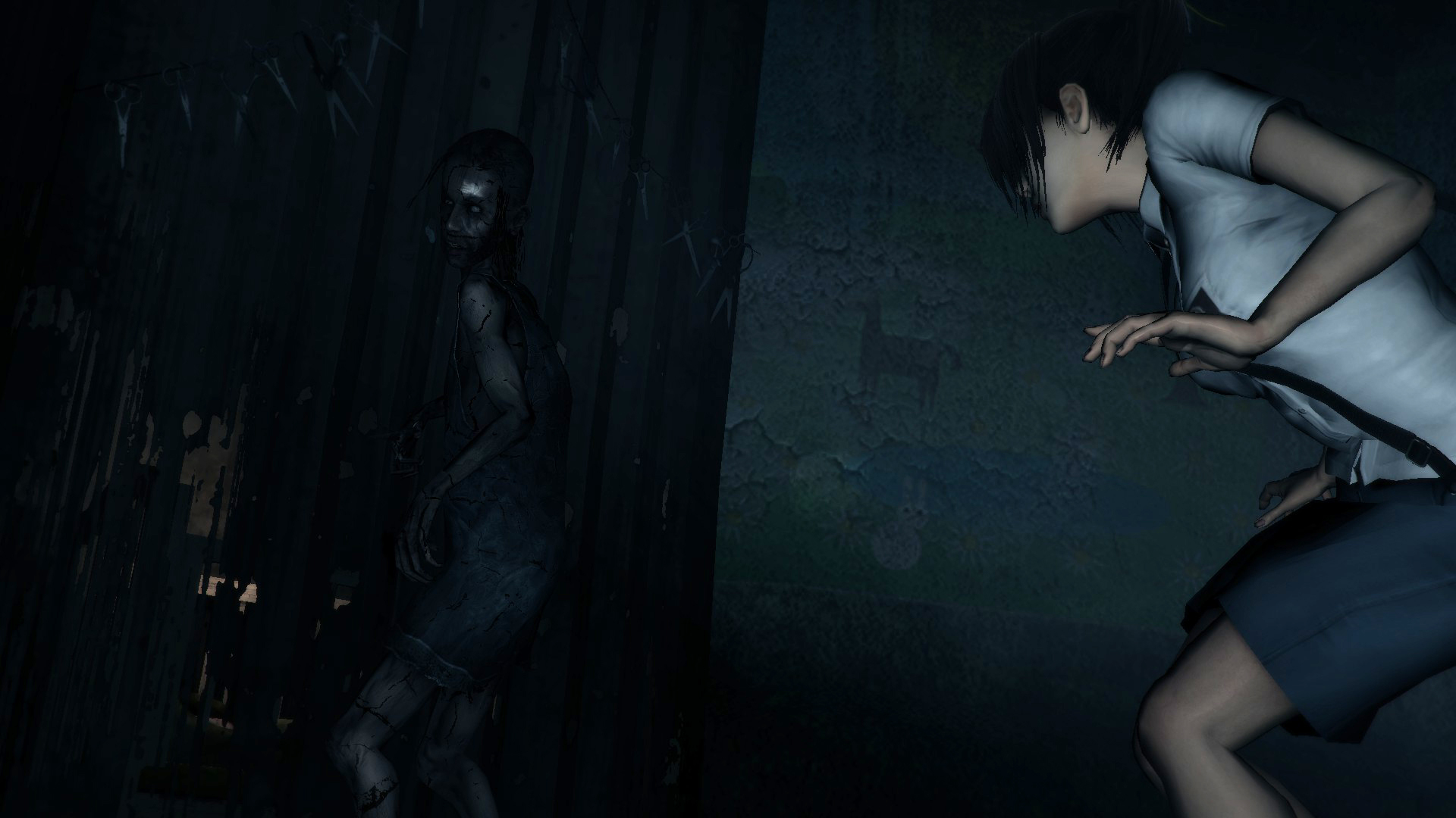 Linda crouches near an apparition in a blue-lit room.