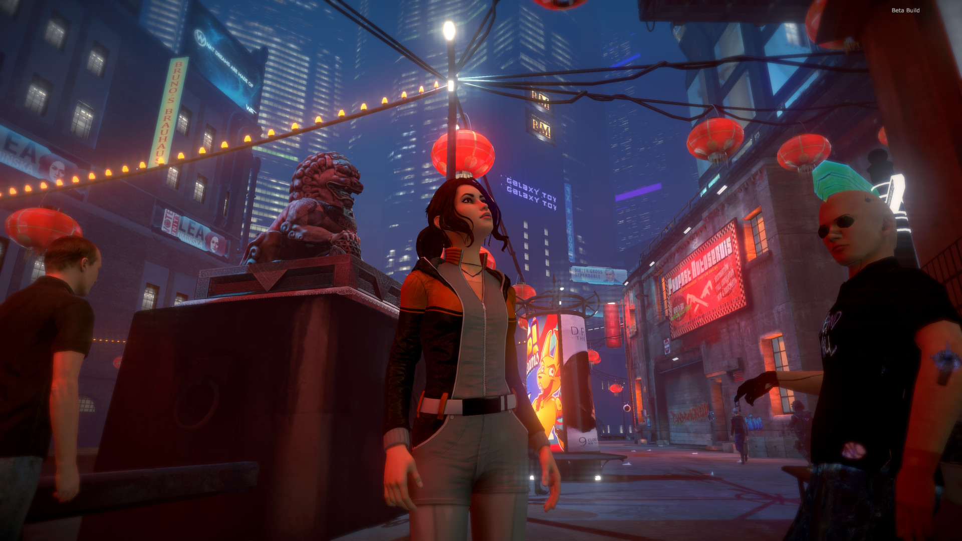 Zoë walks beneath the neon lights of a city district.
