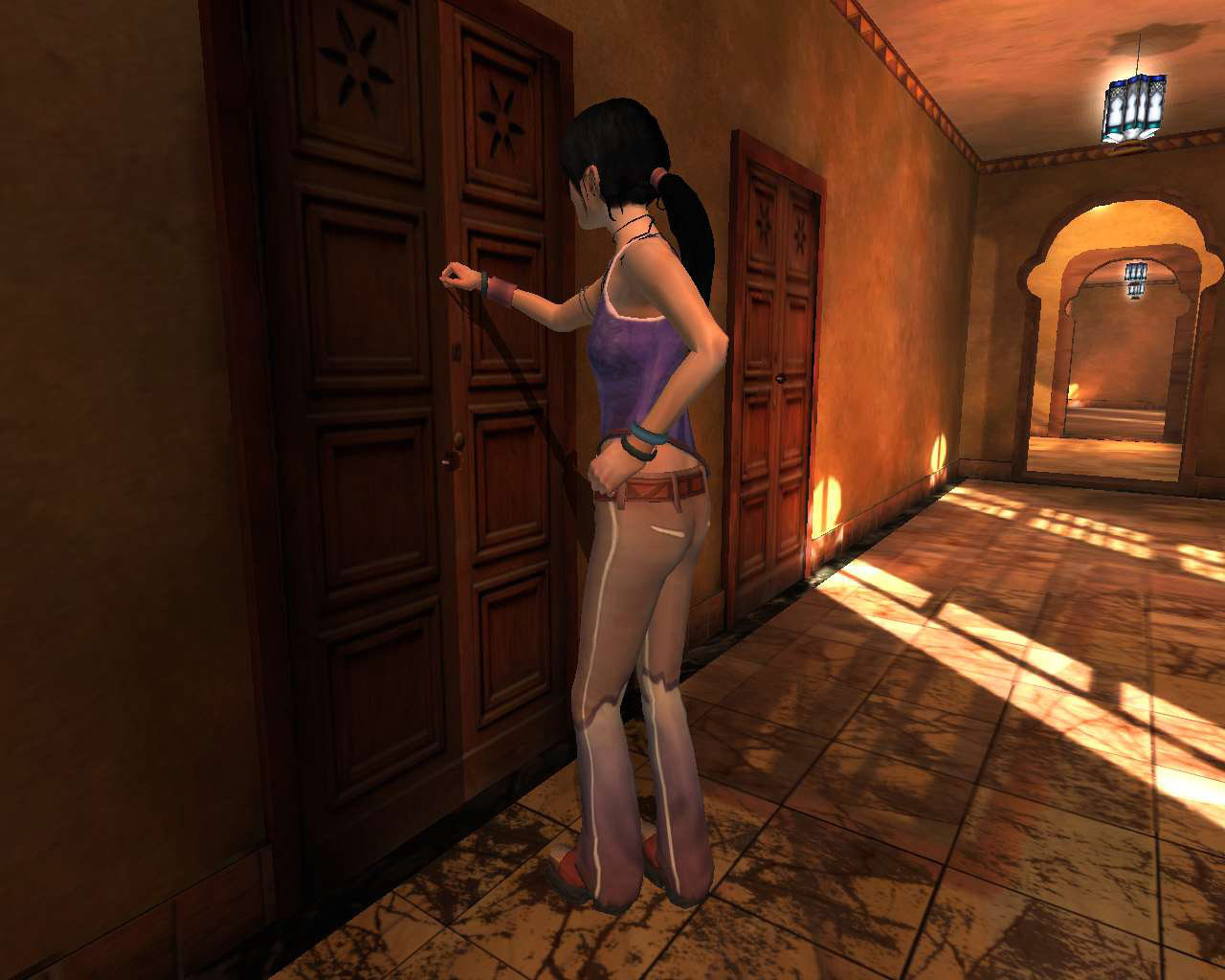 A character reaches towards a closed doorway.