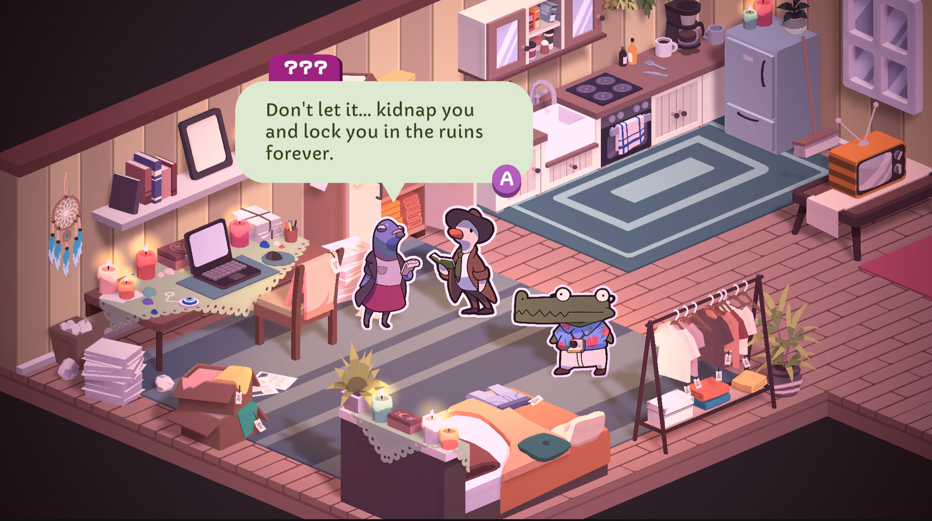 Eugene and companions talk inside a room.