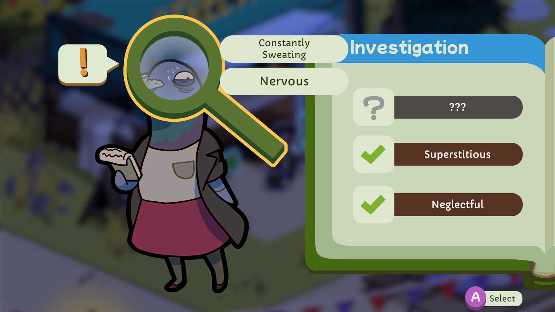 The investigation screen records clues about another character.