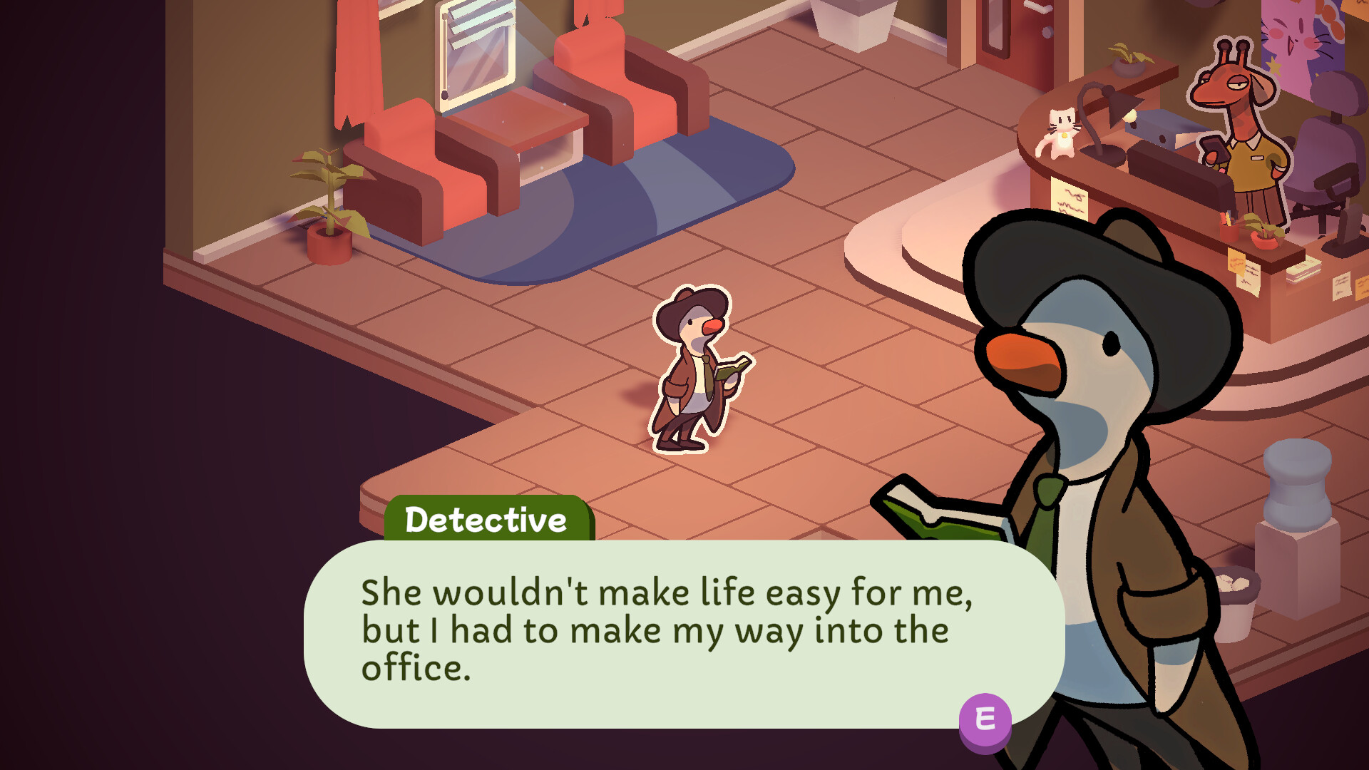 Eugene talks to a character inside an office.