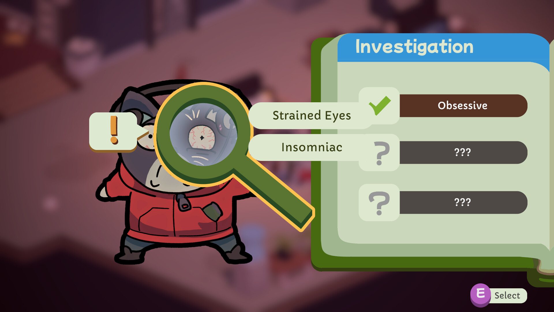 The investigation screen records observations about a suspect.