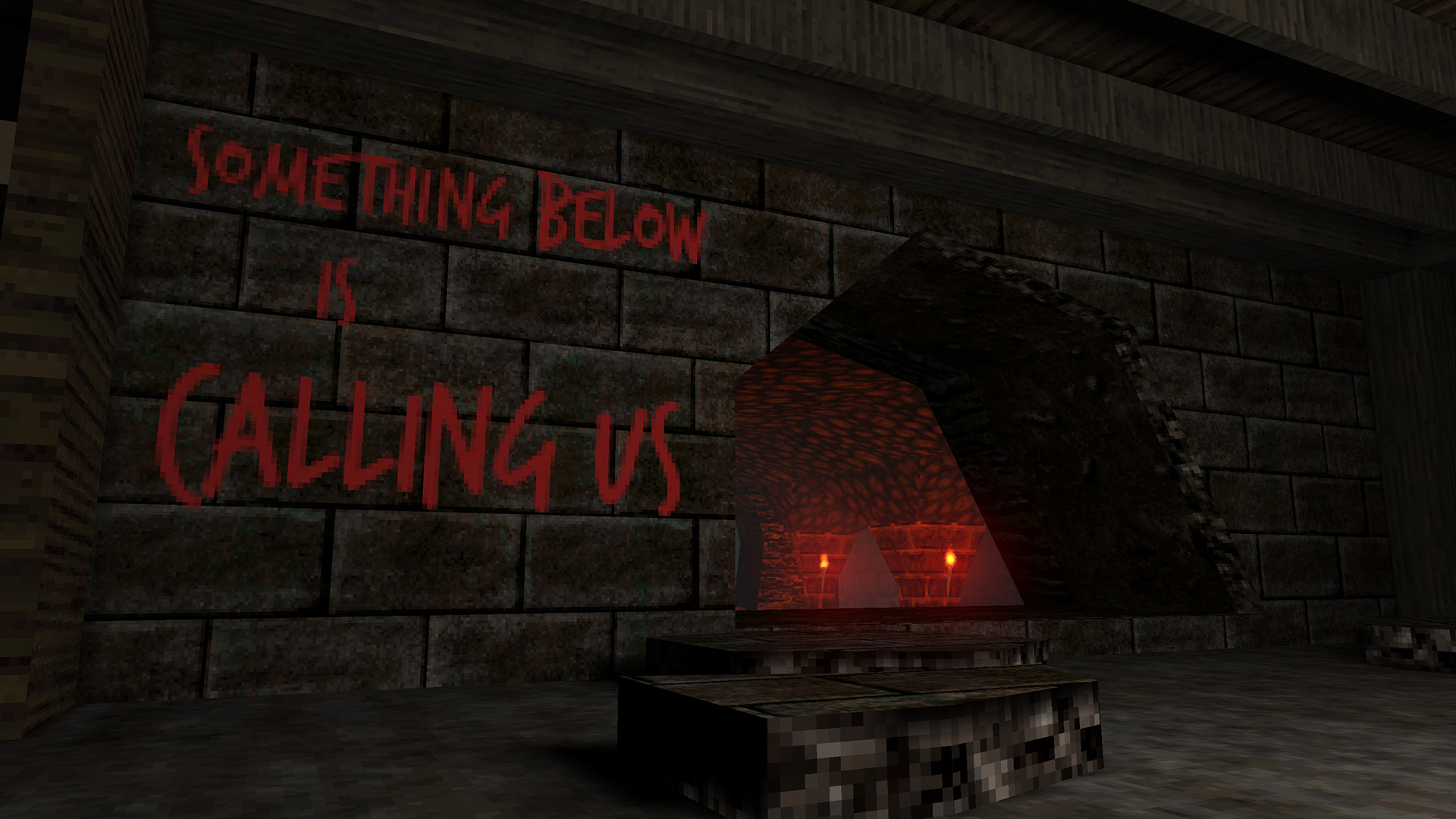 Red writing covers a stone wall beside an entrance to a torchlit chamber.
