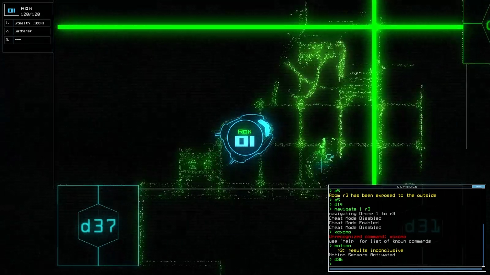 A neon-green drone feed and command display from Duskers.