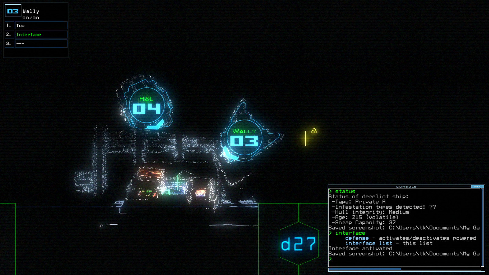Drone feeds and a command window frame a dark ship interior.