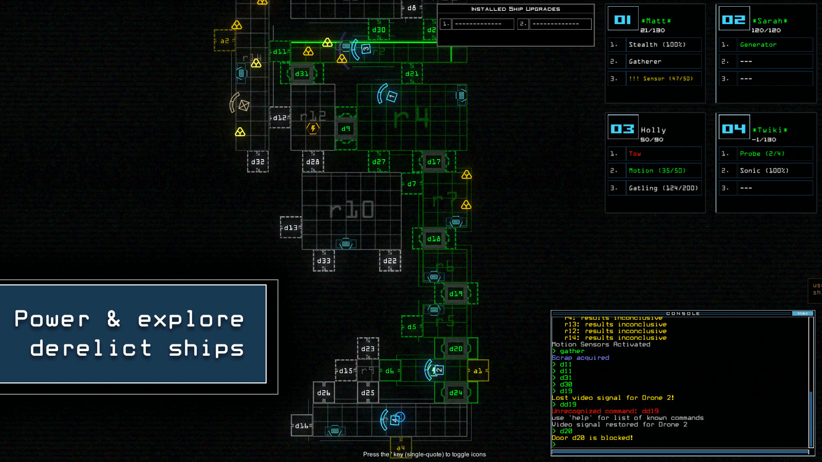A ship floor plan and command terminal track four drones.