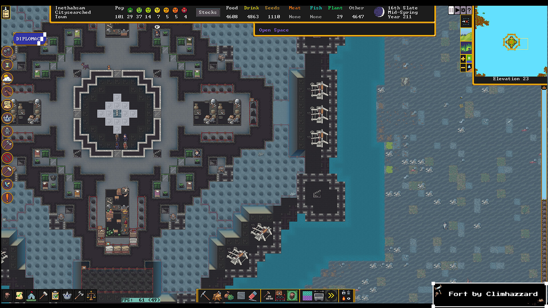 A developed fortress stands beside water with its stocks and population shown on screen.