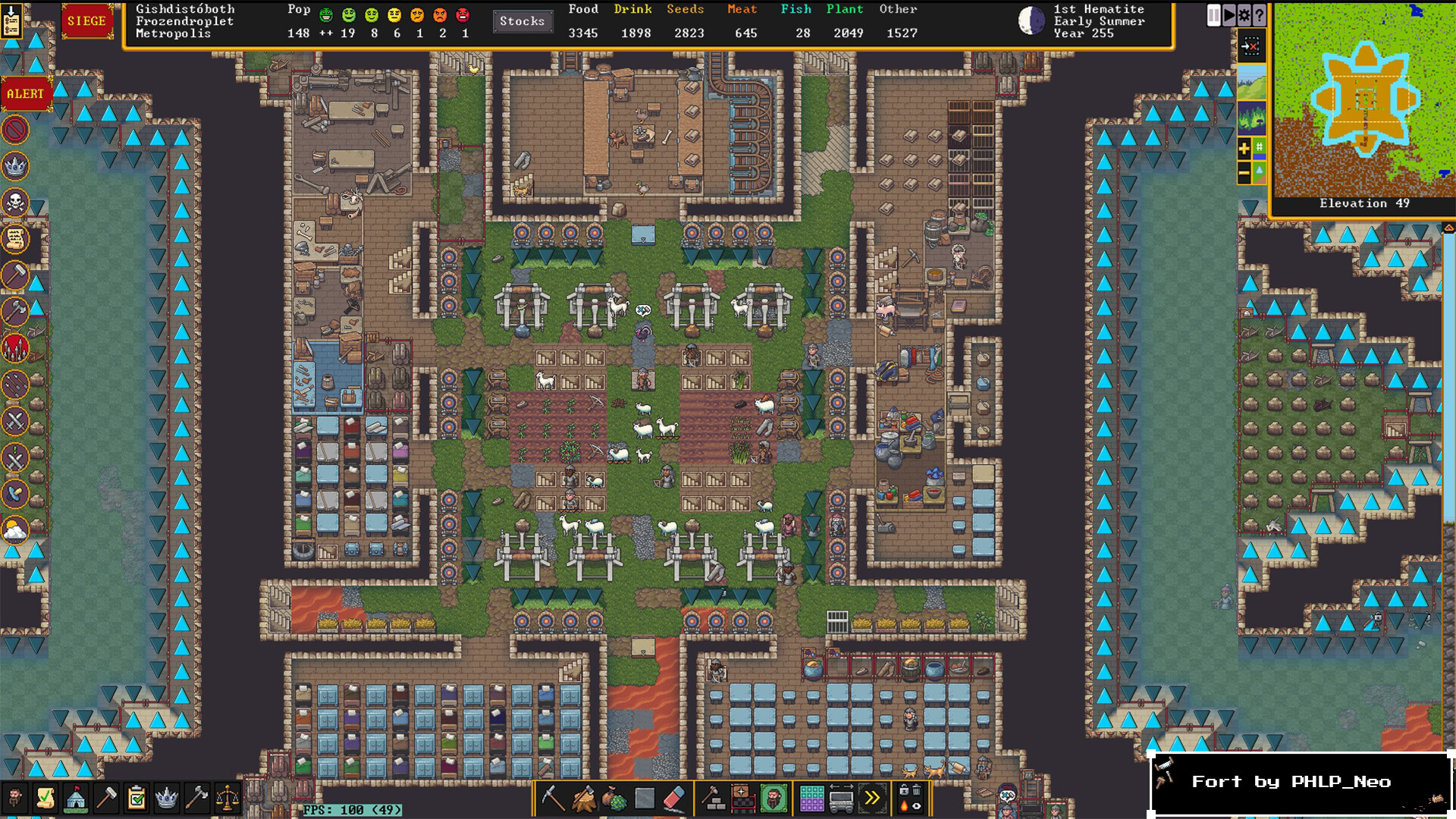A fortress courtyard contains farms, workshops and defensive markers during a siege.