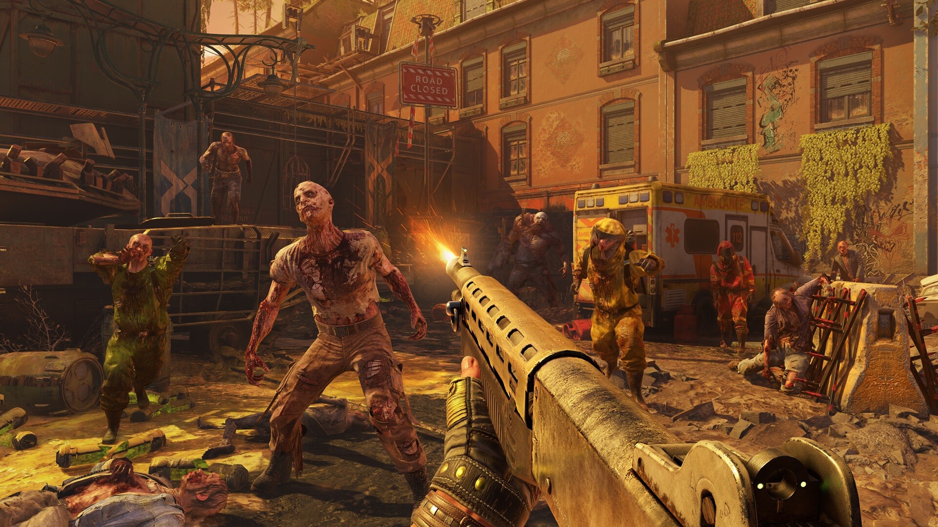 Infected people advance across a city street as a survivor aims a gun.