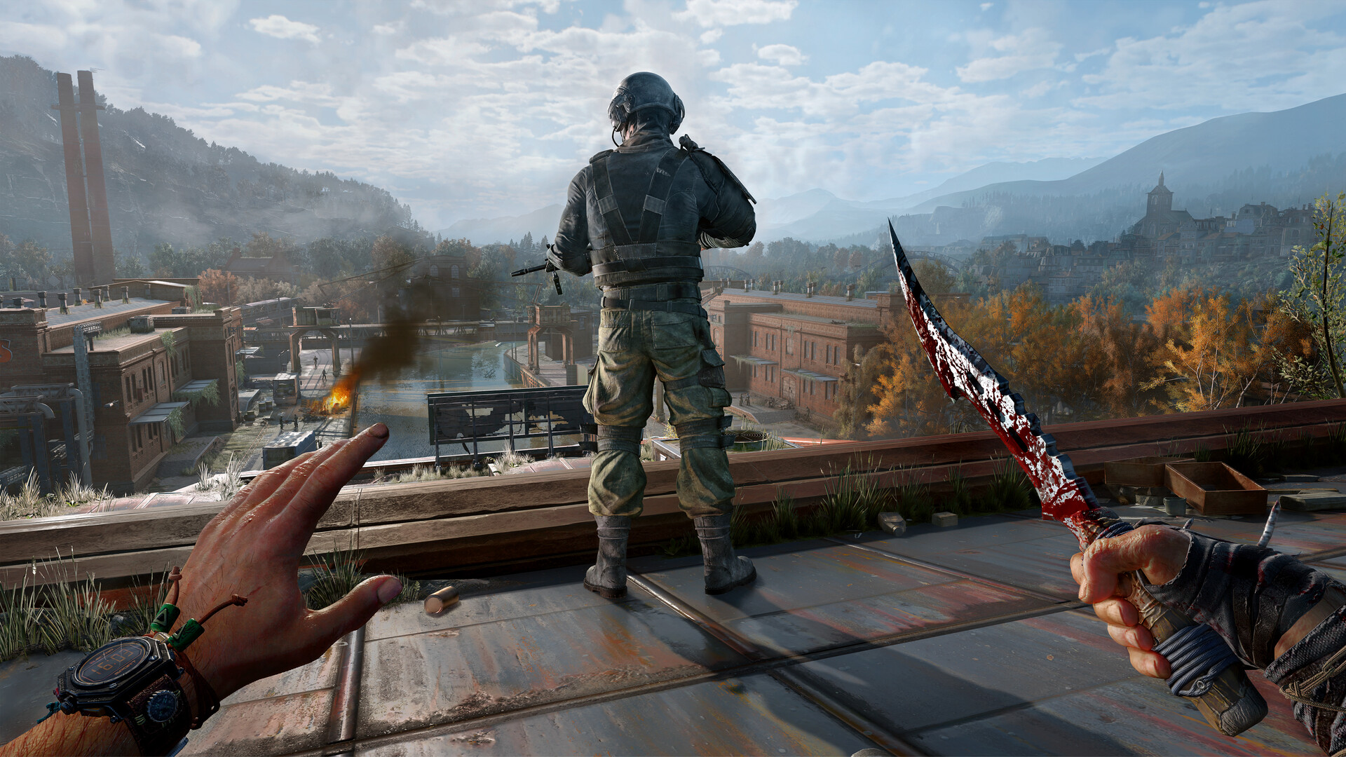 A first-person view overlooks a guarded town from a rooftop.