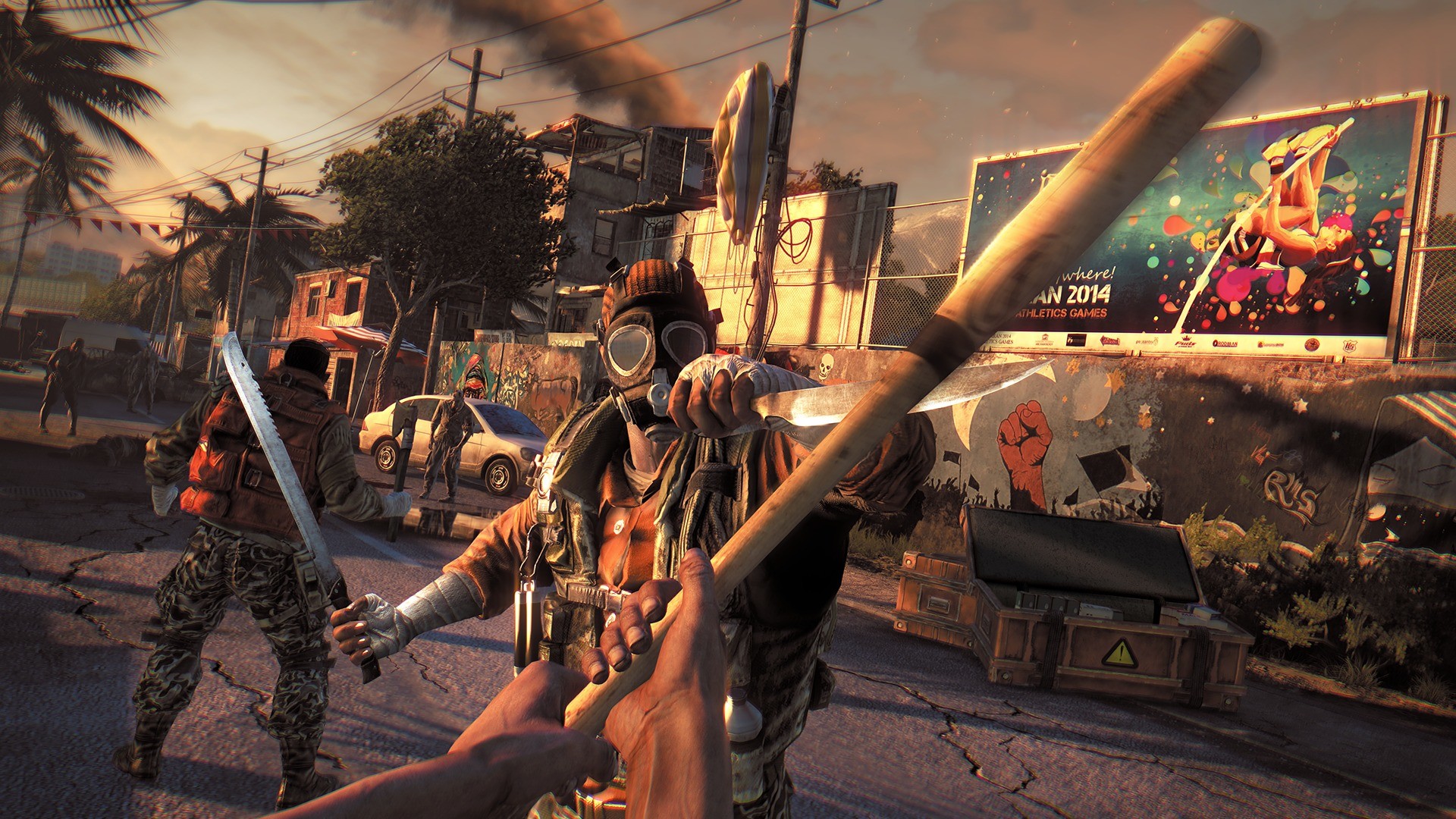 A survivor raises a weapon against infected people on a sunlit Harran street.