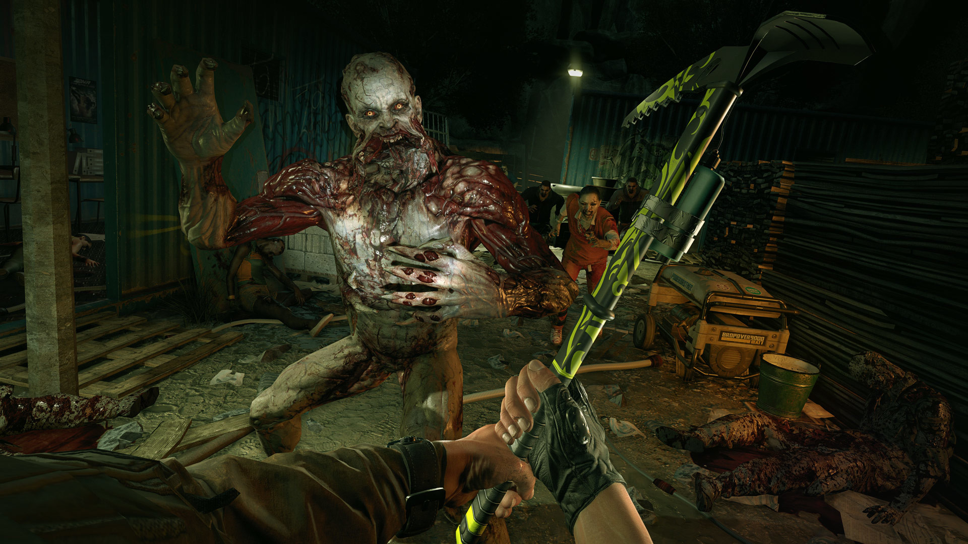 A survivor aims a bow at an infected creature inside a dark building.