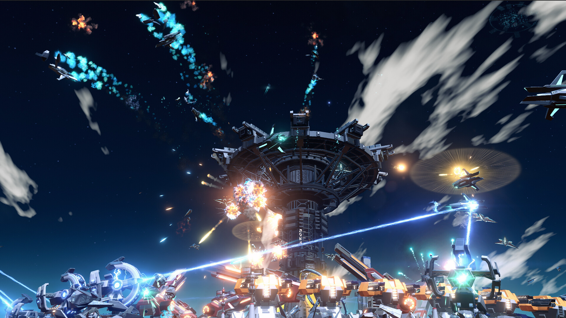 A spaceborne industrial structure faces incoming fire.