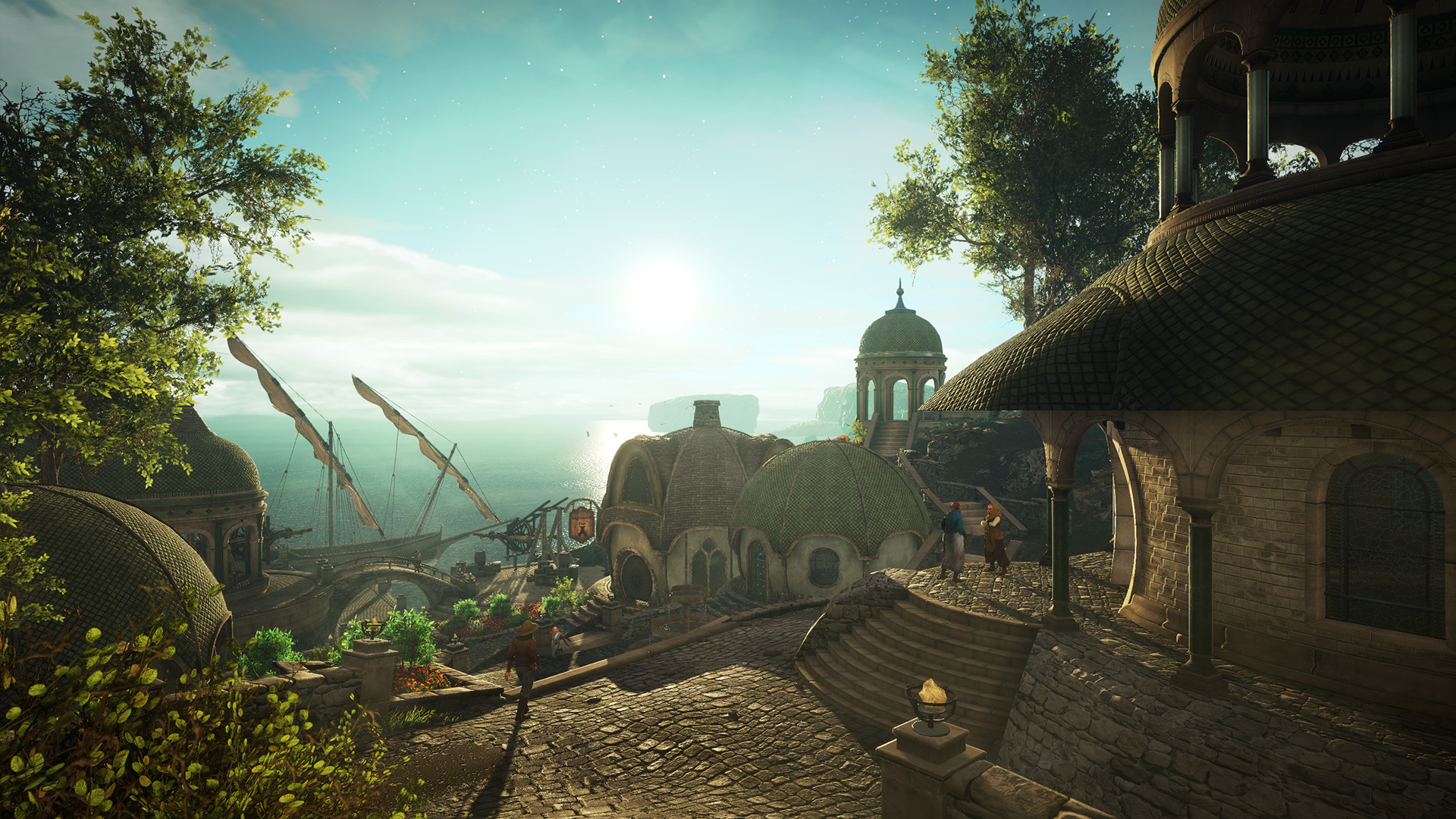 A seaside town looks out across the water on the island of Eastshade.