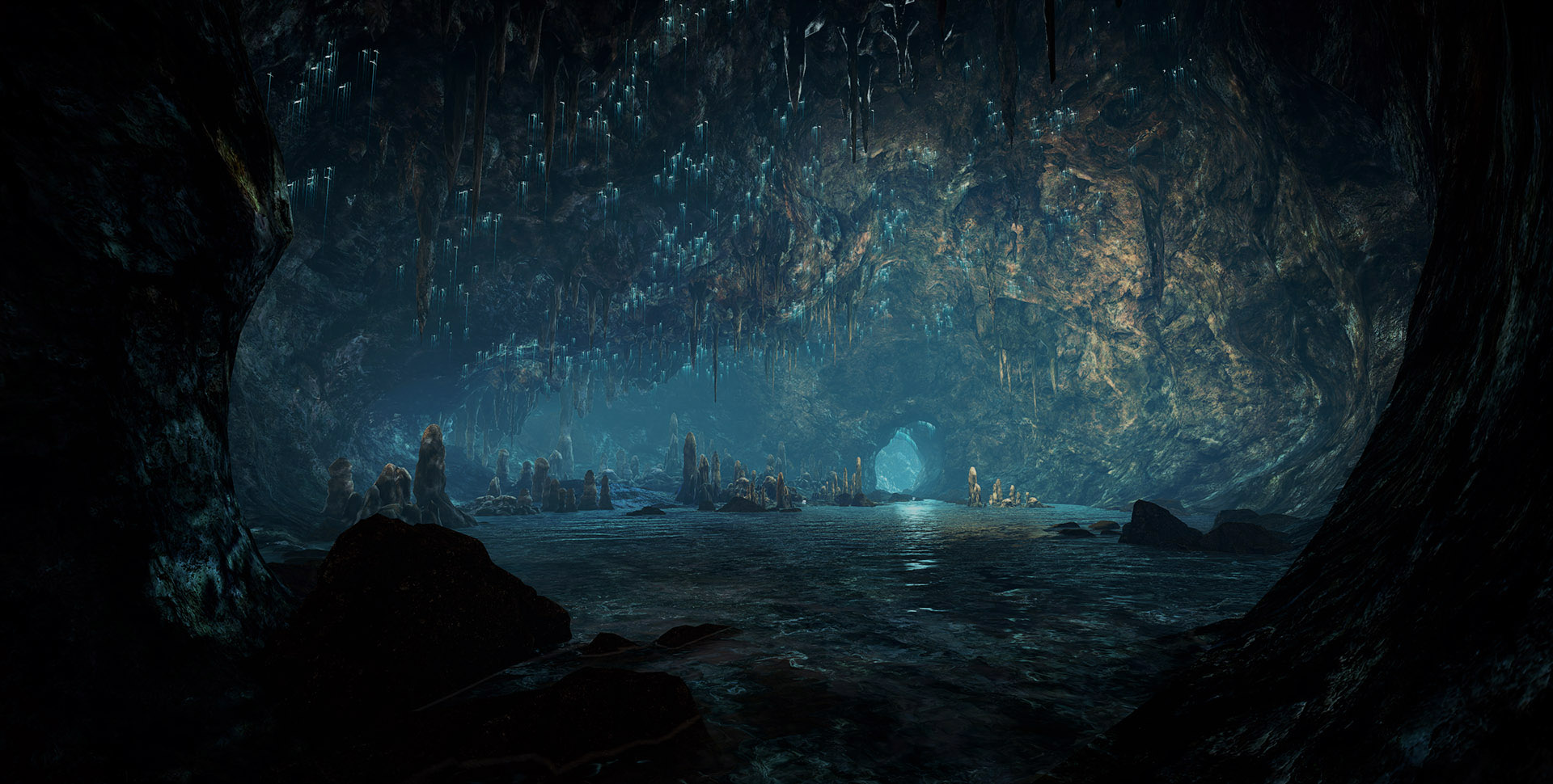 A dark cavern opens toward a blue-lit passage.