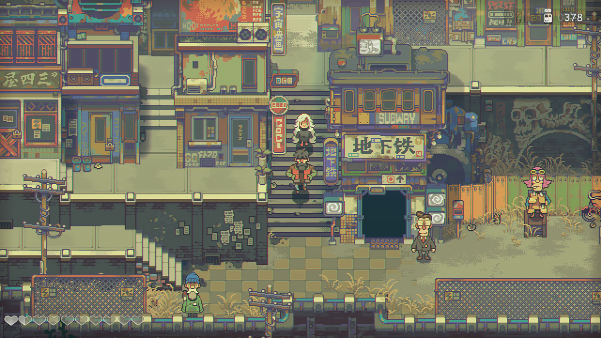 Sam and John stand near the entrance to a bustling pixel-art street.
