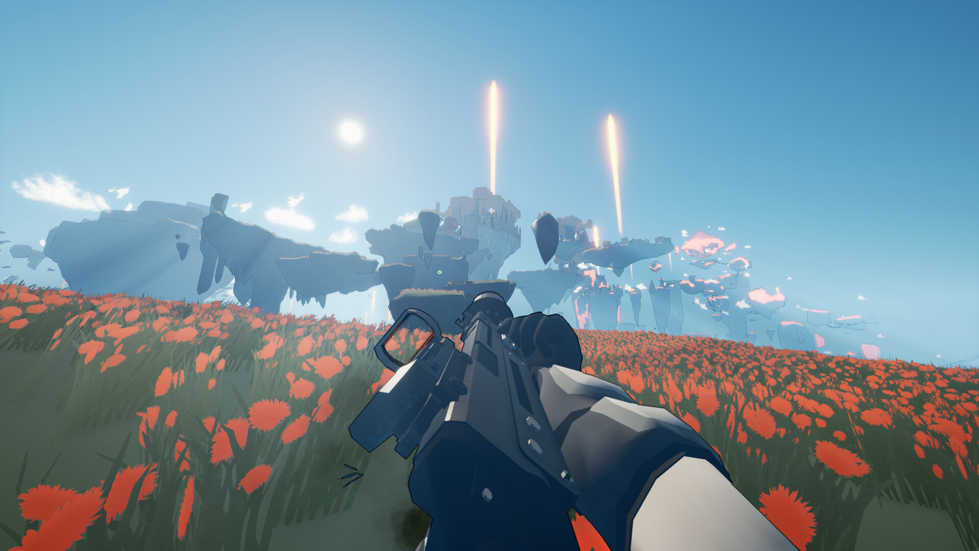 The player aims across a bright open field beneath distant structures.