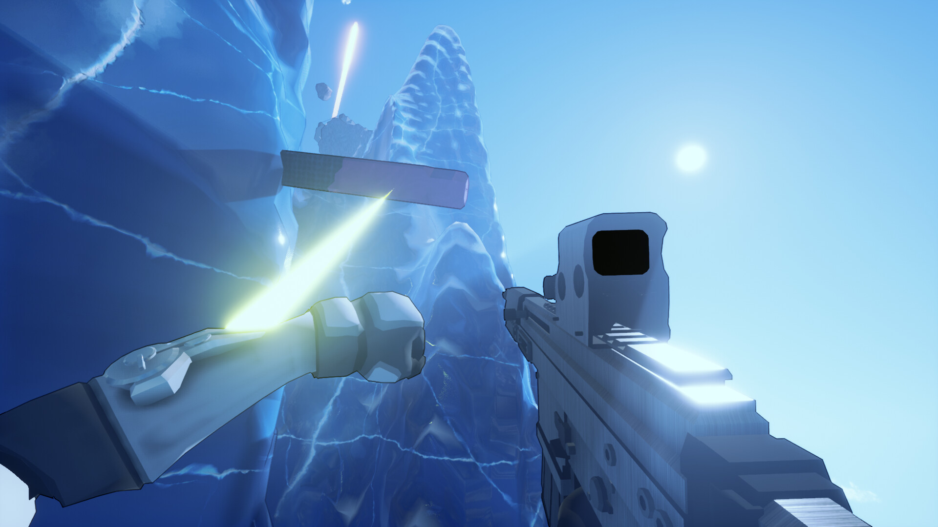 The player holds a firearm beside a steep blue cliff.