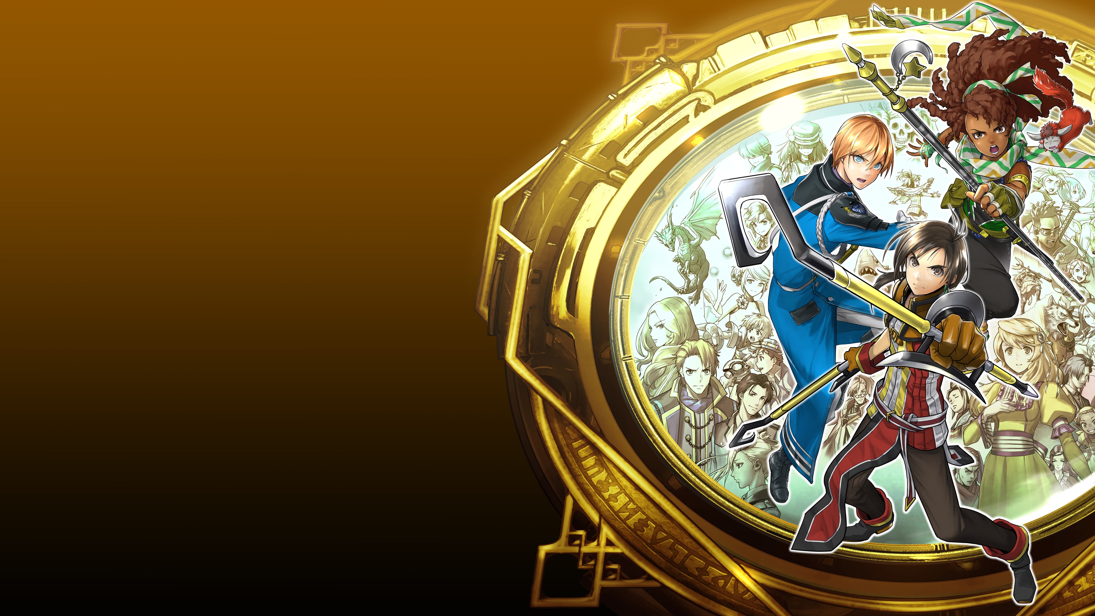 The heroes of Eiyuden Chronicle appear inside an ornate golden circle against an amber background.